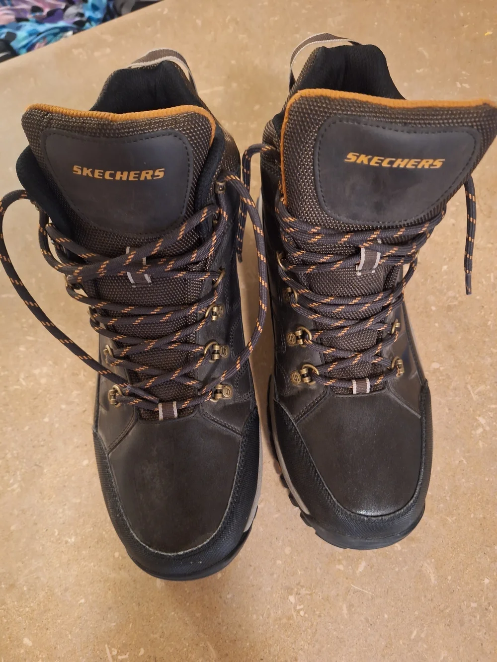 Skechers Men's Black and Brown Waterproof Hiker Boots with Orange Accents